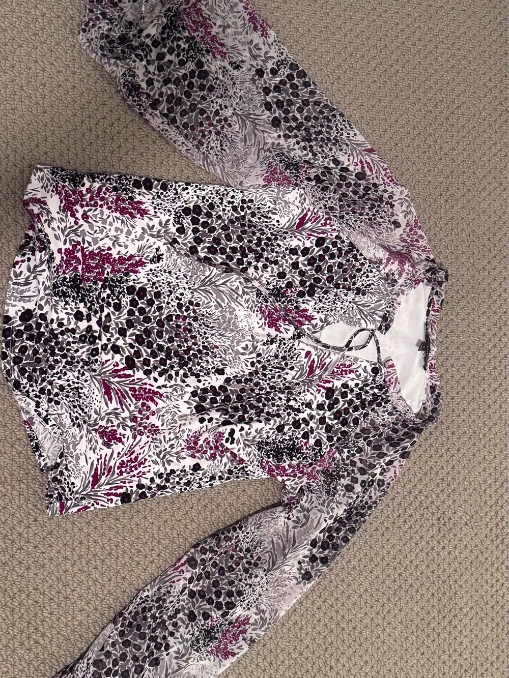 White House Black Market White Blouse with Black and Purple Floral Pattern
